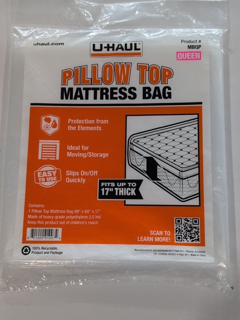 NEW U-Haul Queen Pillow Top Mattress Moving Storage Bag In Factory Sealed Bag